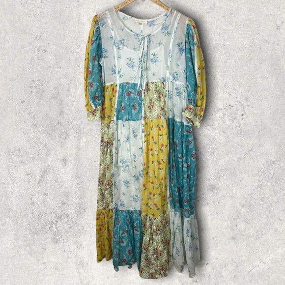 LOVESHACKFANCY Patchwork Tiered Maxi Dress Bohemian Floral Print Bex Size Small - Picture 3 of 12